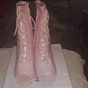 Cape Robbin Pink Lace-Up Peep-Toe Ankle Boots